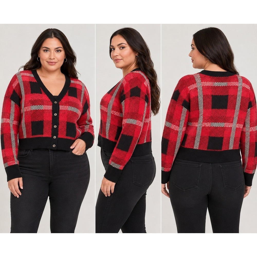 Torrid Women's Cropped Cardigan Sweater Size 0 Red Black Buffalo‎ Plaid Cozy
